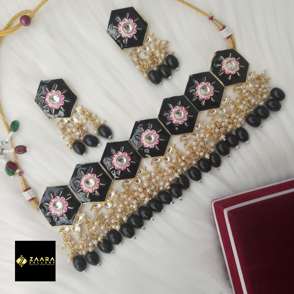 Picture of Jaypuri Meenakari Black Necklace and Earrings Set for Women (Imported) M-JMN04 - Necklace for Women - Necklace Earrings Set