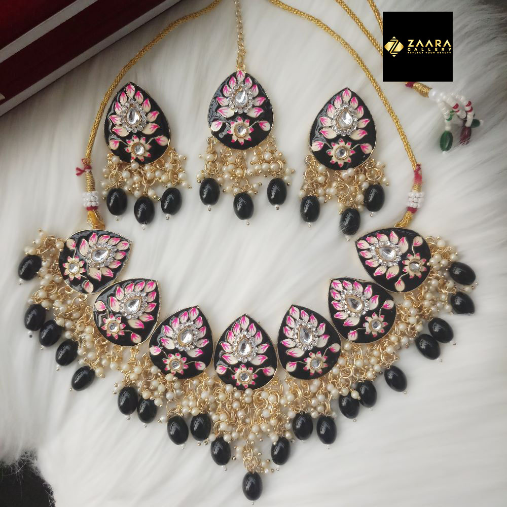 Picture of Jaypuri Meenakari Black Necklace, Earrings Set for Women & Girls (Imported) M-JMN05 - Necklace for Women - Necklace Tikli Earrings Set