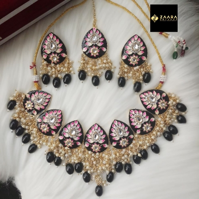 Picture of Jaypuri Meenakari Black Necklace, Earrings Set for Women & Girls (Imported) M-JMN05 - Necklace for Women - Necklace Tikli Earrings Set