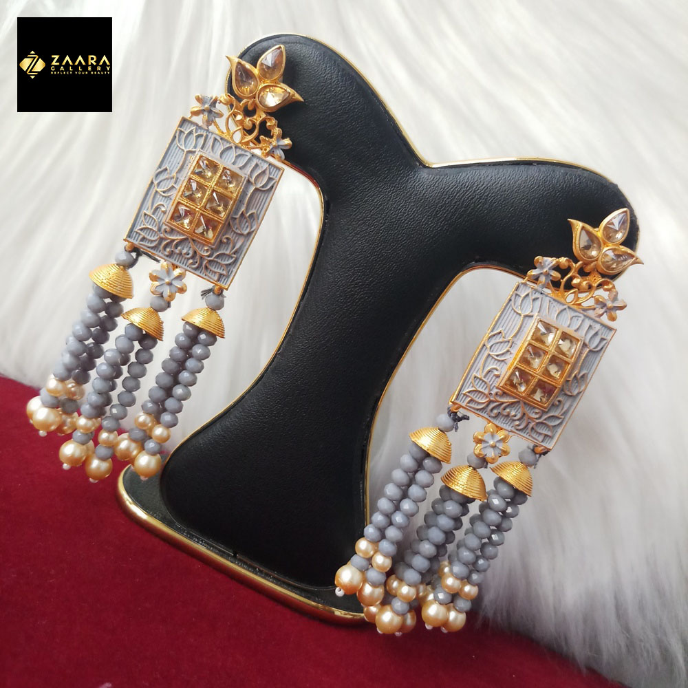Picture of Jaypuri Art Earrings (Dark Ash/Dark Grey) For Women M-JMIND-302 (Imported) - 1 Pair - Earrings