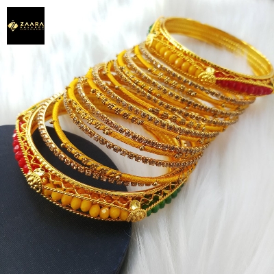 Picture of Yellow Crystal Beads, Silk Thread, Stone & Metal Bangles for Women (Imported) M-CSB813 - 14 Pieces Set - Bangles - Bangles for Women