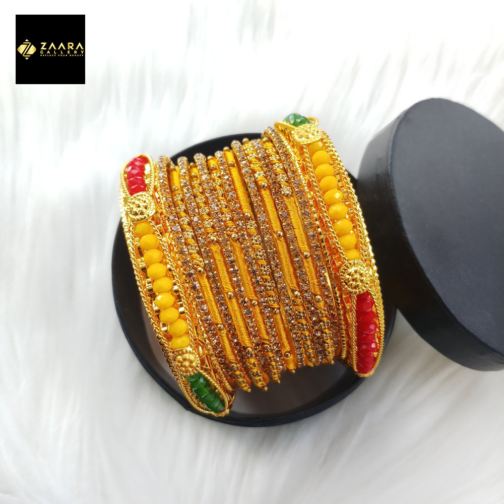Picture of Yellow Crystal Beads, Silk Thread, Stone & Metal Bangles for Women (Imported) M-CSB813 - 14 Pieces Set - Bangles - Bangles for Women