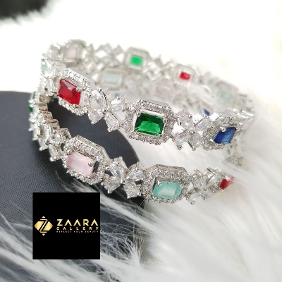 Picture of Latest Trendy Diamond Cut AD Stone  Silver Color Bangles for Women (Imported) M-DCB536 - 2 Pieces- Bangles - Bangles for Women - চুড়ি