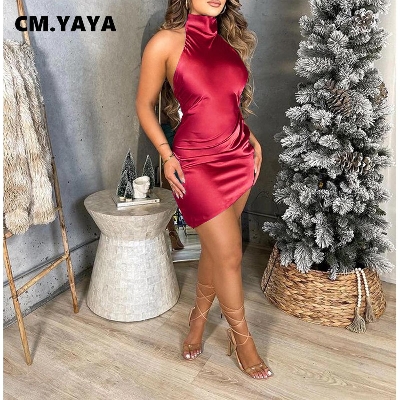 Picture of Women Satin Halter Neck Backless Sleeveless Irregular Mini Midi Dress 2022 Summer Spring Sexy Party Clubwear Dresses