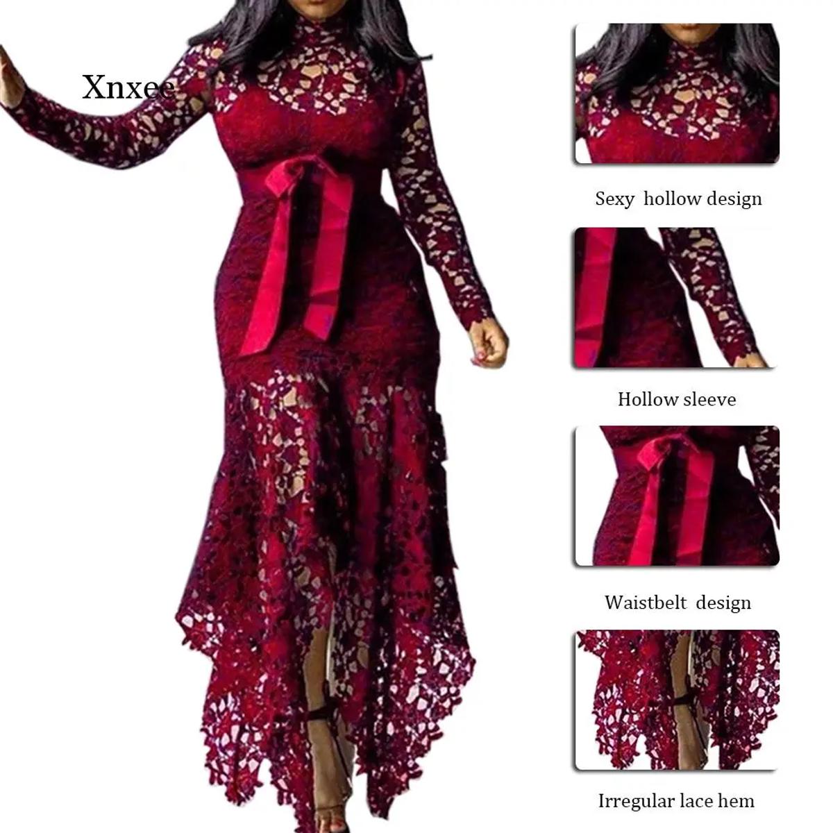 Picture of Women Long Sleeve Elegant Lace Patchwork Hollow Out Dress Party Dress