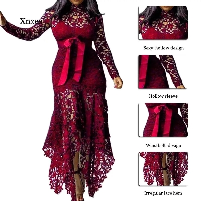 Picture of Women Long Sleeve Elegant Lace Patchwork Hollow Out Dress Party Dress