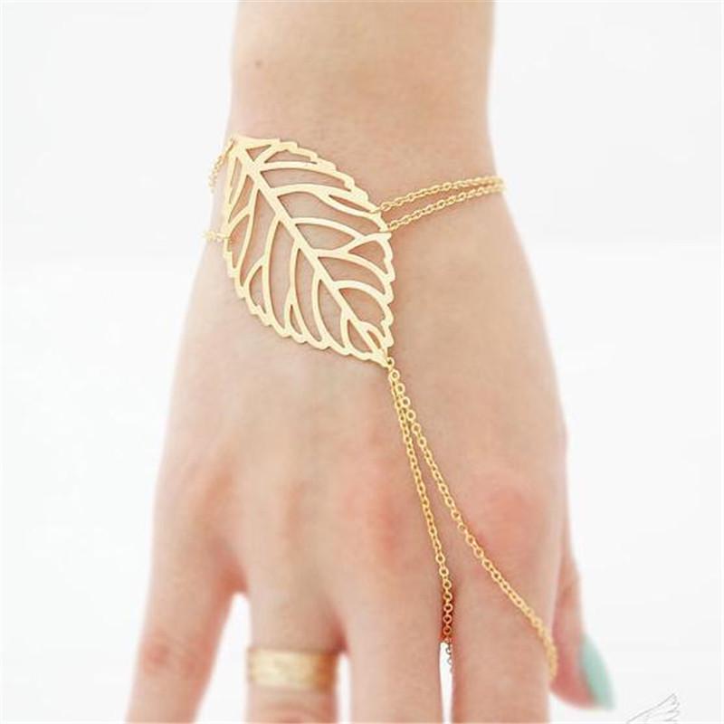 Picture of Women Multi-layer Hollow Leaf Finger Ring Bangle Chain Bracelet Simple Jewelry - Golden Remarkable - Disclose Styles & Luxe