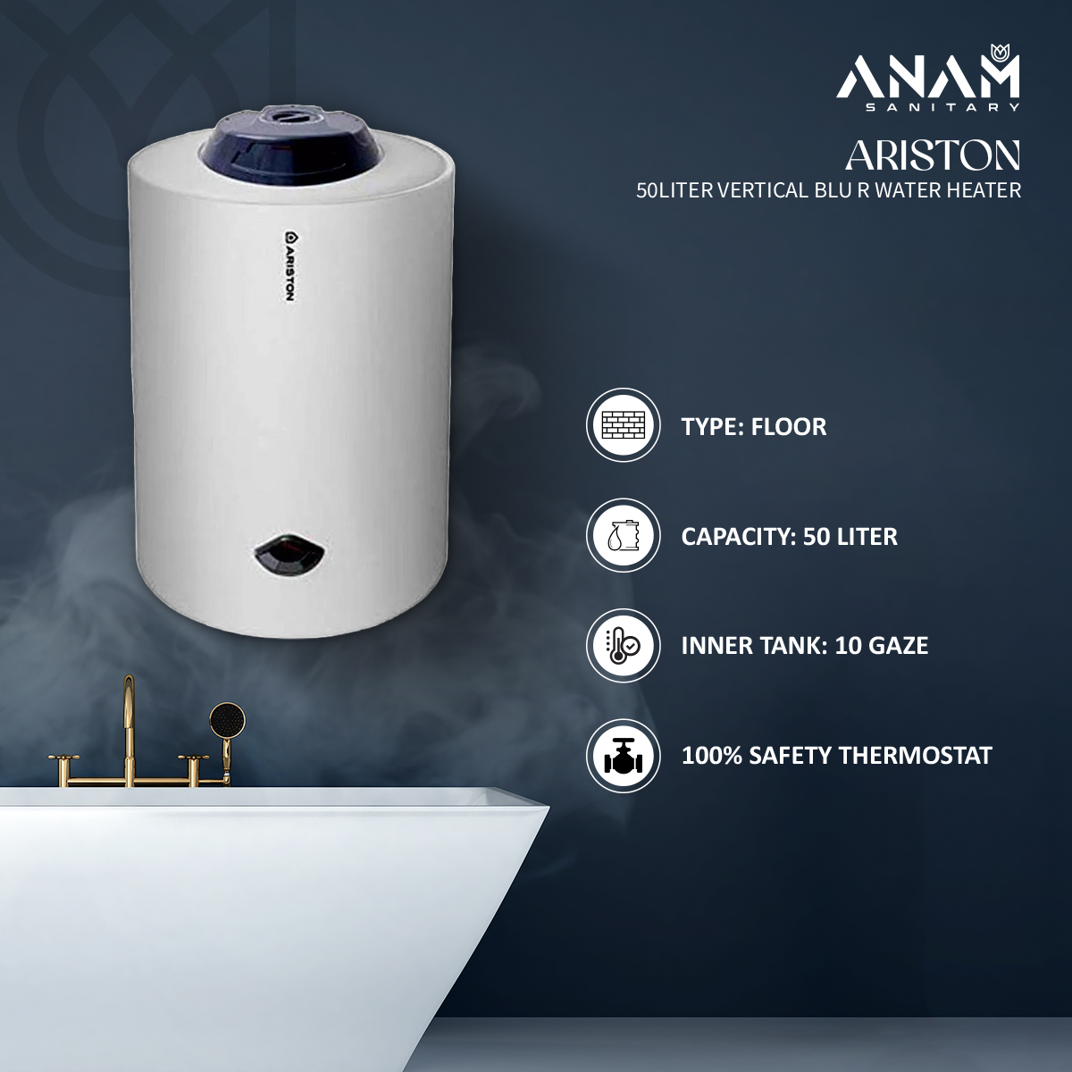 Picture of Ariston 50liter Horizontal BLU R Water Heater (Geyser) Made in China