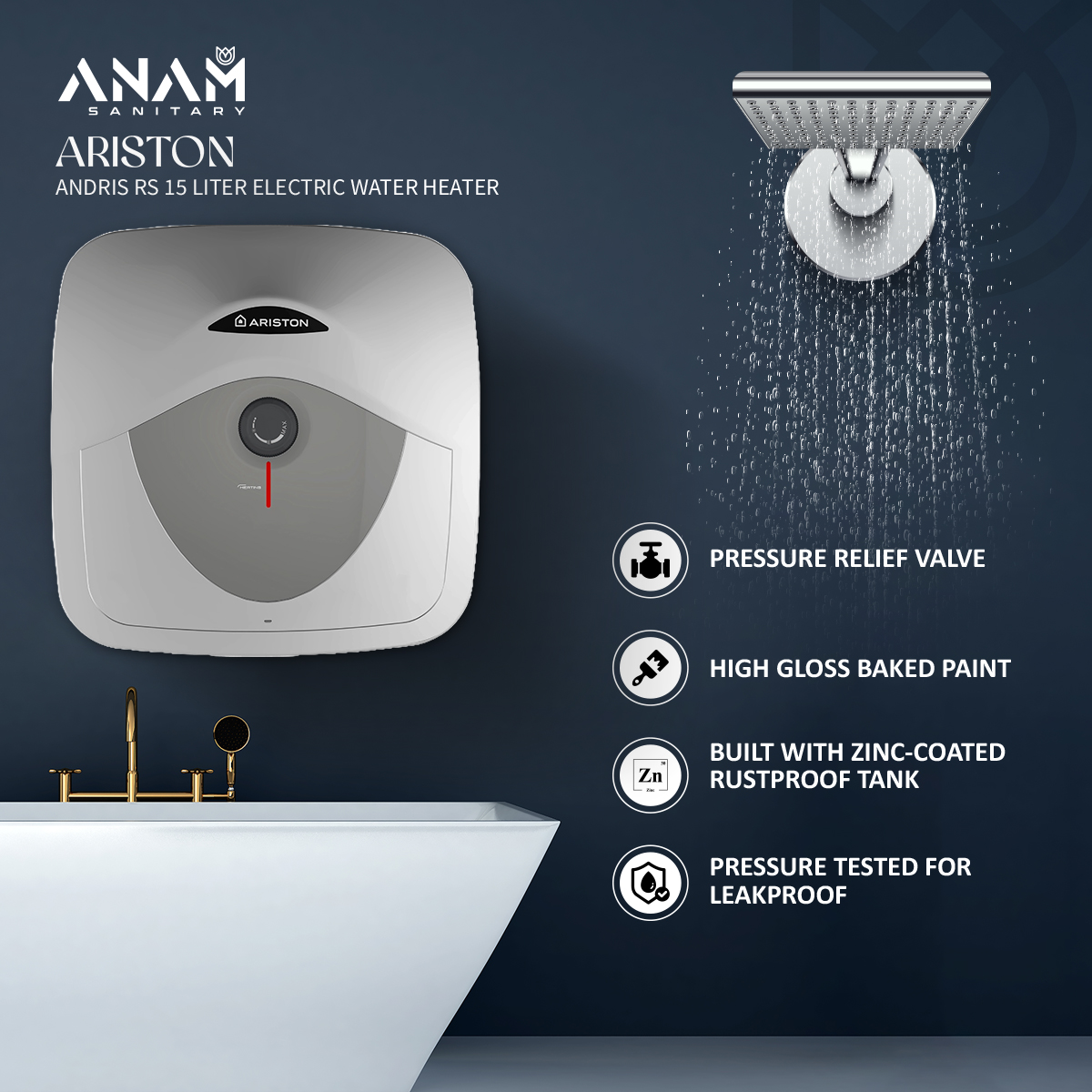 Picture of Ariston Andris RS 15 Liter Electric Water Heater with Safety Anode Made in Italy