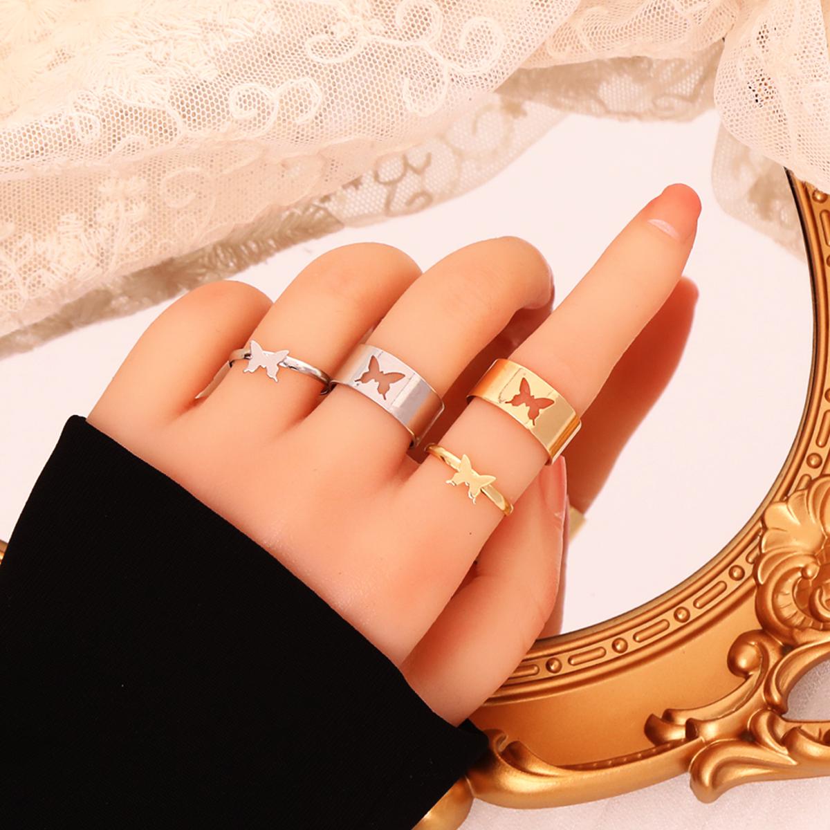 Picture of Butterfly 2pcs Rings for Women Matching Rings for Couples Rings Silver Butterfly Ring Go.ld Dainty Trendy Rings Butterfly Jewelry