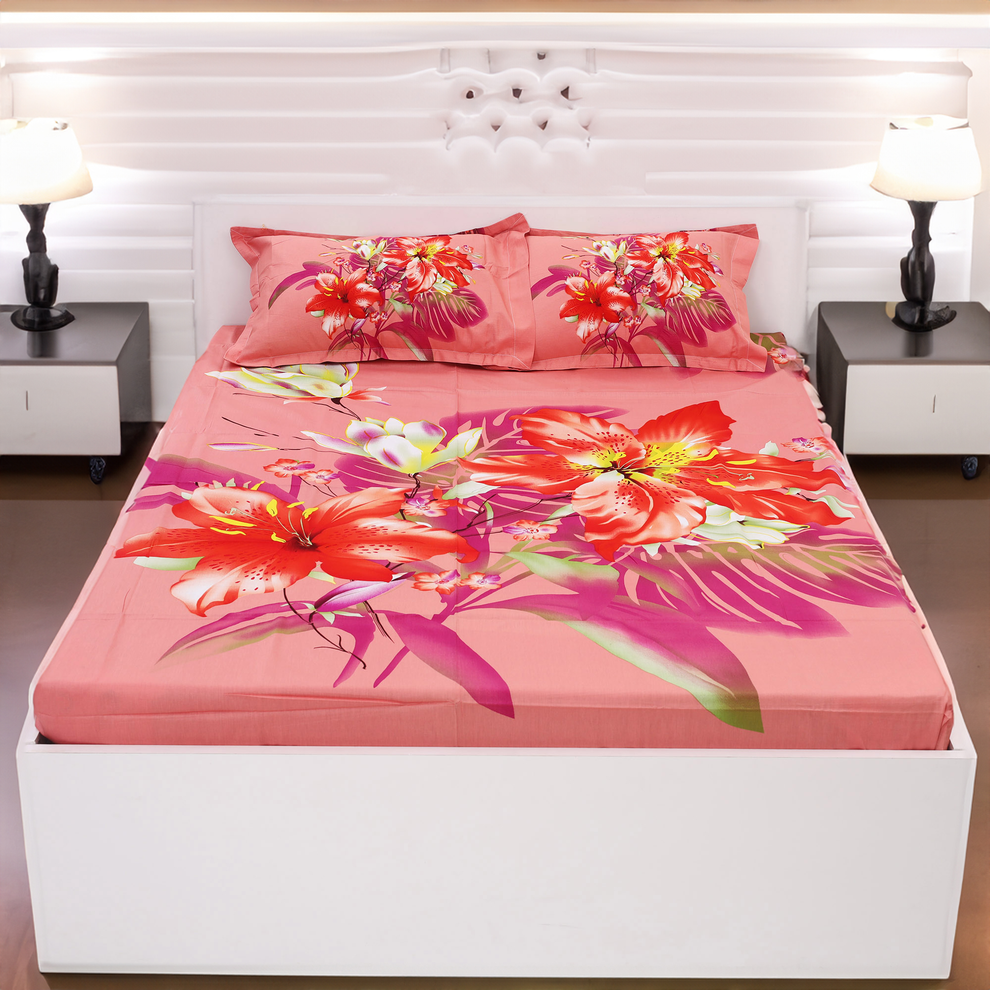 Picture of Digital Home TEX Cotton Multicolor Double King Size Flat Bed Sheet Set (7.5 by 8.5 ft) with Two Pillow Covers - Easy Maintainance Hand Washable
