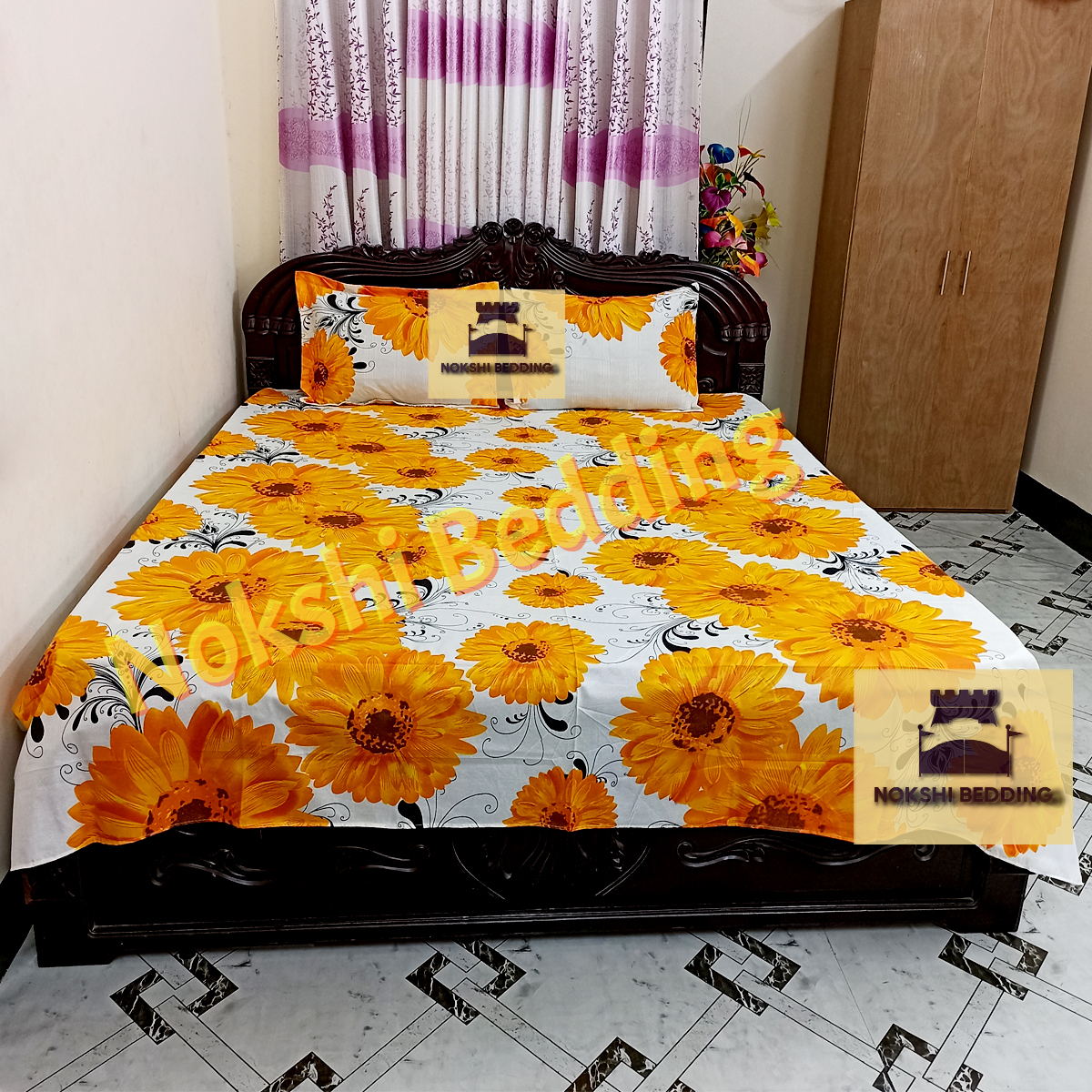 Picture of King Size Cotton Twill Panel Bed Sheet Set (7.5x8.5 ft) - Includes Two Pillow Covers (20 to 36 inch) - Flat Type - Thread Count: 400 - Hand and Machine Washable"