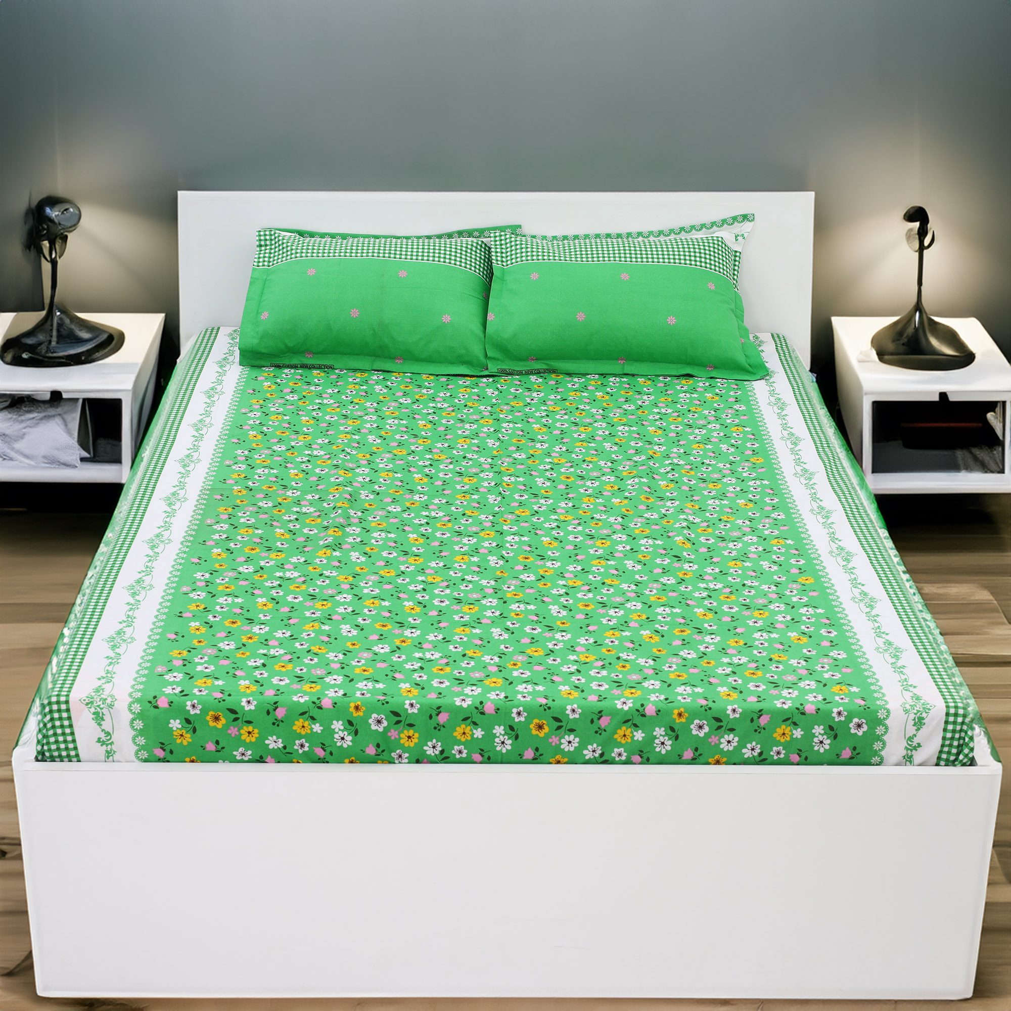 Picture of Digital Home TEX Cotton Multi-color Double King Size Flat Bed Sheet Set (7.5 x 8.5 Feet) with Two Pillow Covers- 300 Thread Count- Hand Washable