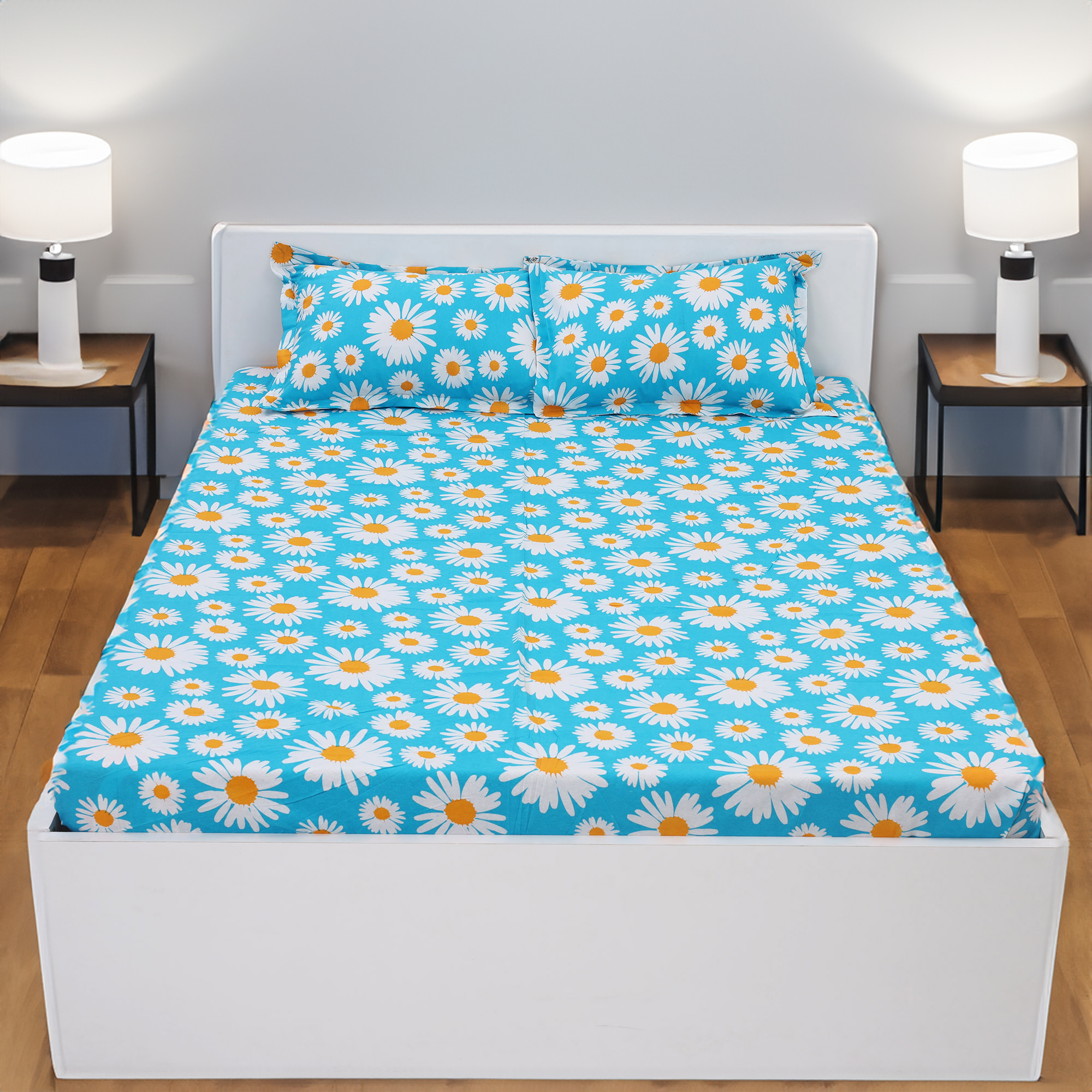 Picture of Digital Home TEX Cotton Multi-color Double King Size Flat Bed Sheet Set (7.5 by 8.5 Feet) with Two Pillow Covers - Easy Maintainance and Hand Washable