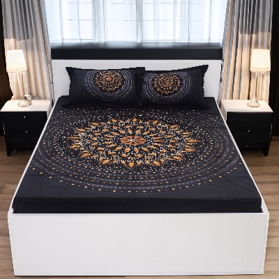 Picture of Cotton Multicolor Double King Size Flat Bed Sheet Set (7.5 by 8.5 Feet) with Two Pillow Covers - Easy Maintainance Hand Washable