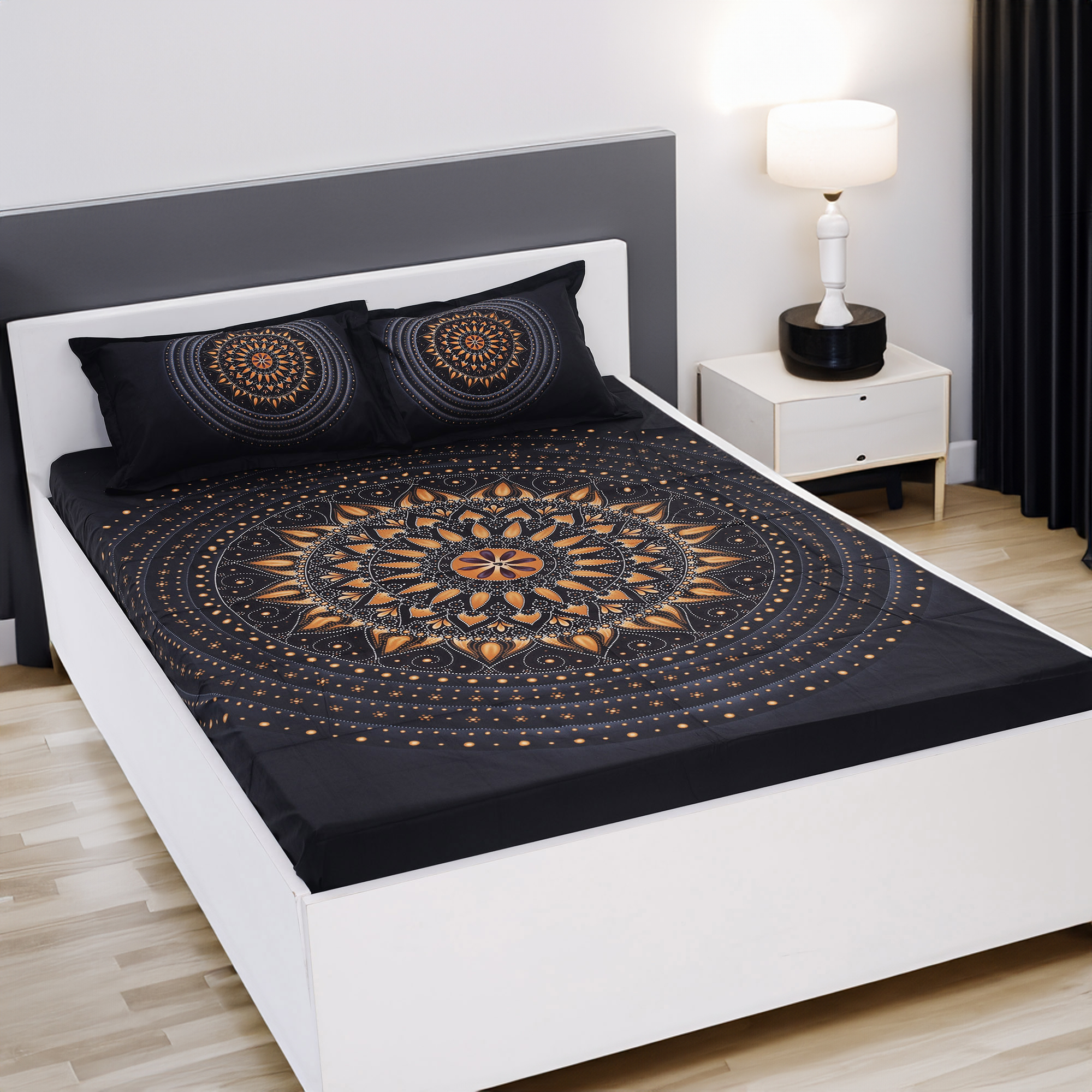 Picture of Cotton Multicolor Double King Size Flat Bed Sheet Set (7.5 by 8.5 Feet) with Two Pillow Covers - Easy Maintainance Hand Washable