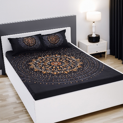 Picture of Cotton Multicolor Double King Size Flat Bed Sheet Set (7.5 by 8.5 Feet) with Two Pillow Covers - Easy Maintainance Hand Washable