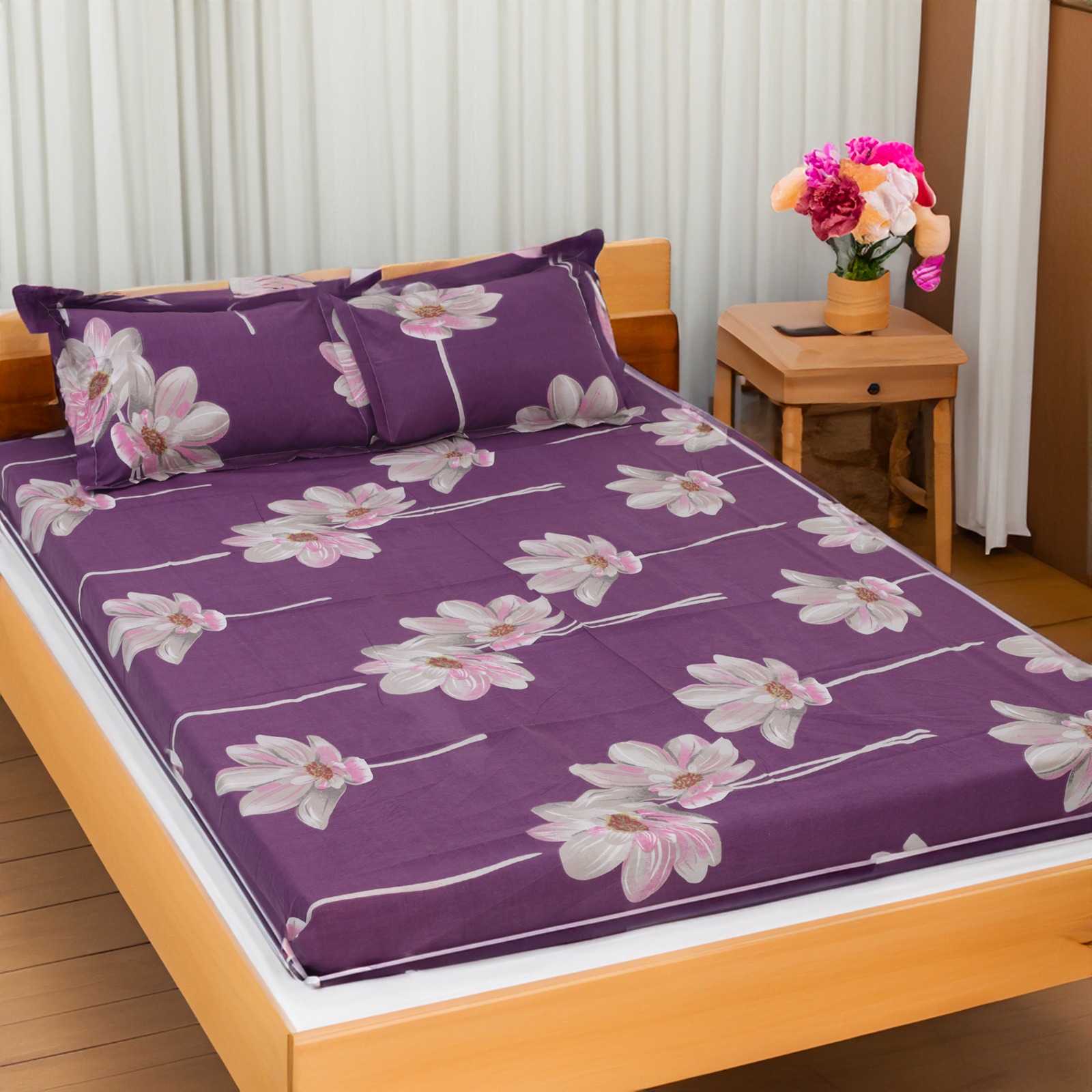 Picture of Cotton Fabric Printed 7 Feet by 8.5 Feet Double King Size Bedsheet Set with Two Pillow Covers Bed Sheet