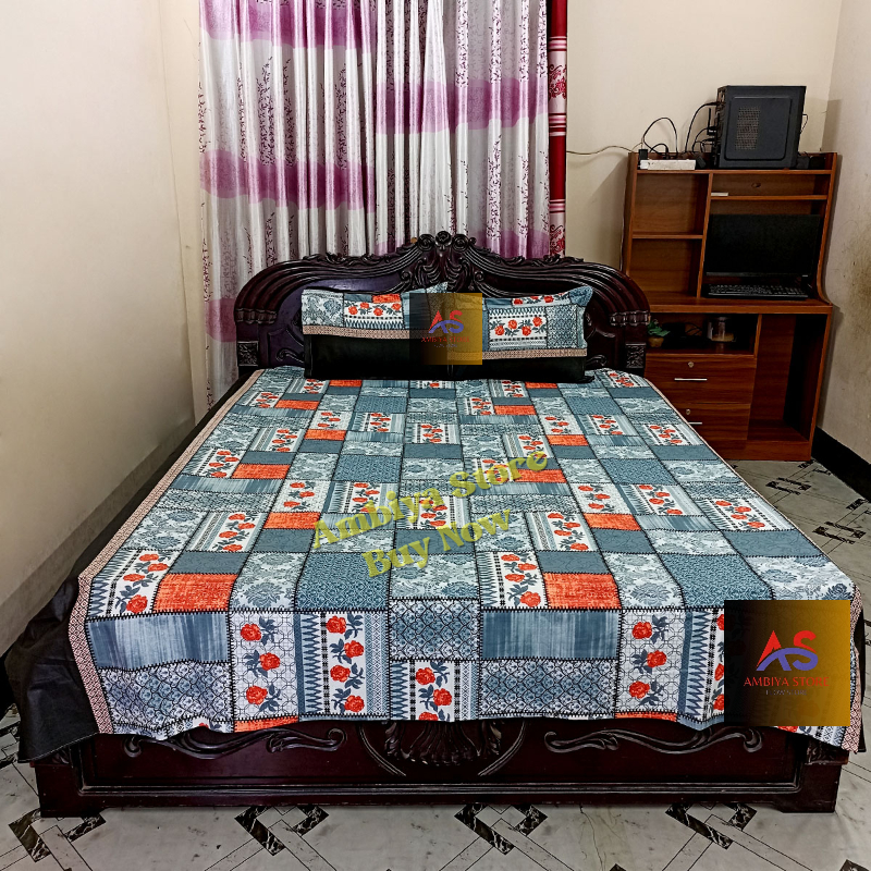 Picture of Cotton Fabric Printed 7 Feet by 8.5 Feet Double King Size Bedsheet Set with Two Pillow Covers Bed Sheet