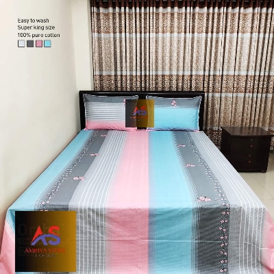 Picture of Cotton Fabric Printed 7 Feet by 8.5 Feet Double King Size Bedsheet Set with Two Pillow Covers Bed Sheet