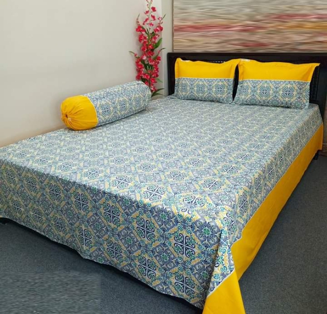 Picture of Cotton King Size Bedsheet With Two Pillow Cover Size 7/8 Feet Head Pillow cover Size 20/28 Inch And side Pillow cover Size Round 34 Long 39 InchEasy Maintainance Hand Washable