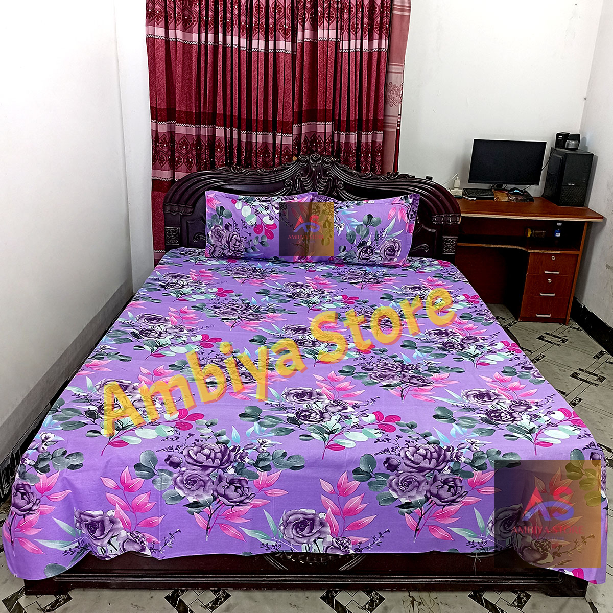 Picture of Cotton King Size Bedsheet With Two Pillow Cover Size 7/8 Feet Head Pillow cover Size 20/28 Inch Easy Maintainance Hand Washable