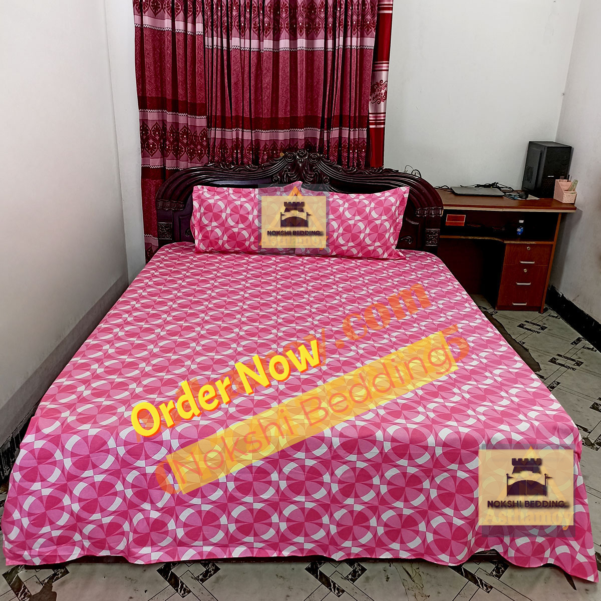 Picture of 3 piece set Cotton Fabric (সুতি পাতলা কাপড়) Printed 7.5 by 8 Feet Double King Size Bedsheet Set with Two Pillow Covers and One Piece Side Pillow cover ,Bedsheet,bedsheet,bed
