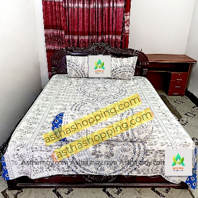 Picture of Cotton Fabric (সুতি কাপড়) Printed 7.5 by 8 Feet Double King Size Bedsheet Set with Two Pillow Covers