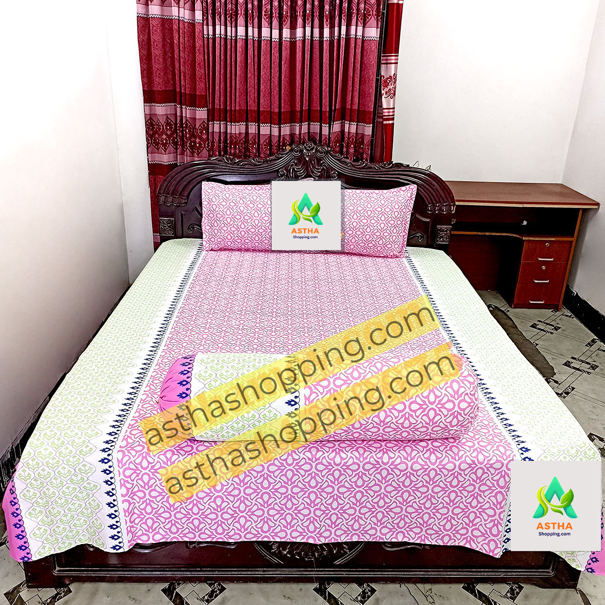 Picture of Cotton Fabric (সুতি কাপড়) Printed 7.5 by 8 Feet Double King Size Bedsheet Set with Two Pillow Covers