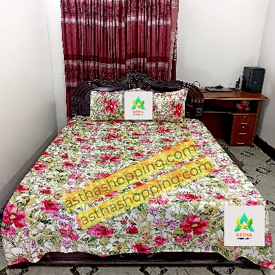 Picture of Cotton Fabric (সুতি কাপড়) Printed 7.5 by 8 Feet Double King Size Bedsheet Set with Two Pillow Covers