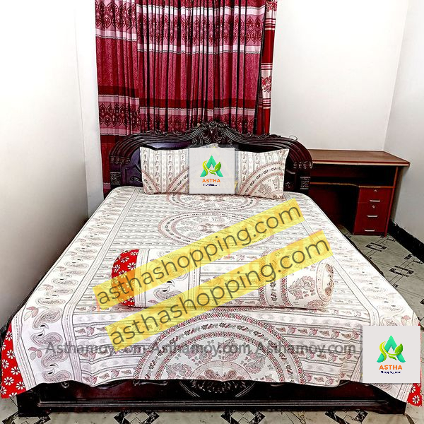 Picture of 4 Piece set Cotton Fabric (সুতি কাপড়) Printed 7  by 8 Feet Double King Size Bedsheet Set with Two Pillow Covers