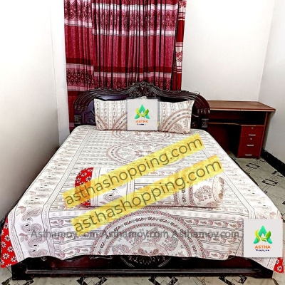 Picture of 4 Piece set Cotton Fabric (সুতি কাপড়) Printed 7  by 8 Feet Double King Size Bedsheet Set with Two Pillow Covers