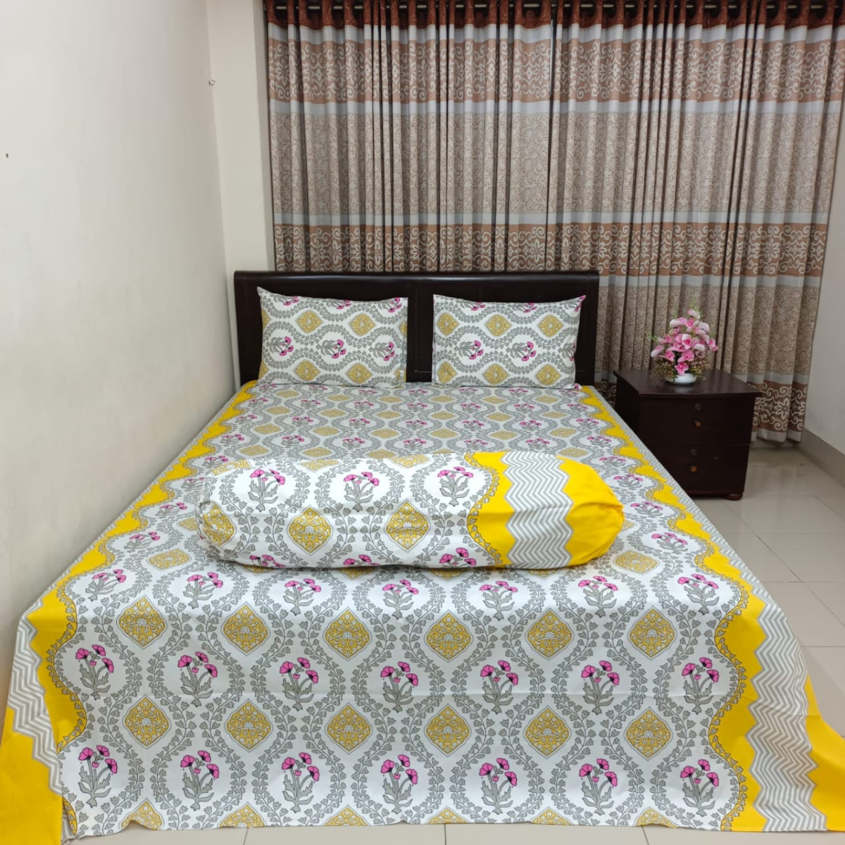 Picture of 4 Piece set Cotton Fabric (সুতি কাপড়) Printed 7 by 8 Feet Double King Size Bedsheet Set with Two Pillow Covers and With Side Pillow cover