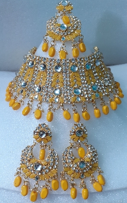 Picture of Bridal Traditional Wedding Ornament / Exclusive Fashion Party Choker Necklace Earrings & Tikli Jewellery Set For Women