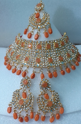 Picture of Bridal Traditional Wedding Ornament / Exclusive Fashion Party Choker Necklace Earrings & Tikli Jewellery Set For Women