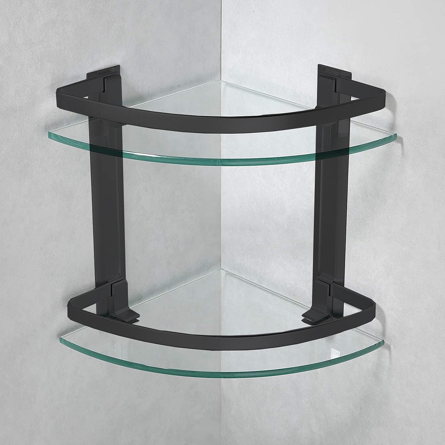Picture of ATC Sanitaryware- Two Tier Tempered Glass Corner Shelf with Black Aluminum Bar Corner Bathroom Shelf [Black]