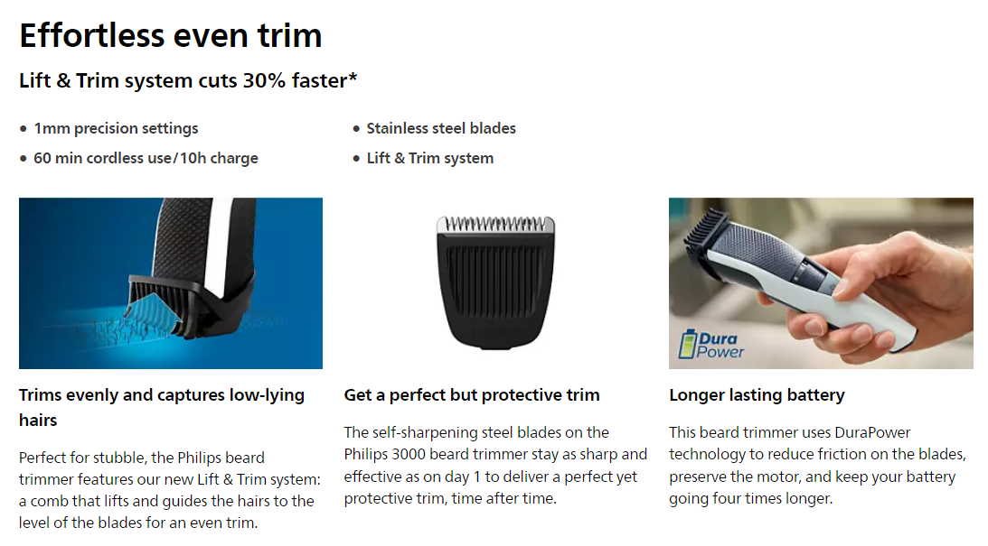 Picture of Philips BT3102/15 cordless rechargeable Beard Trimmer - 10 length settings, 60 min run time