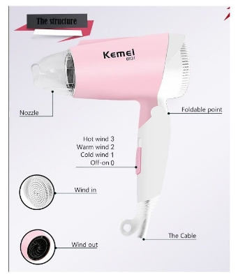 Picture of Kemey Km6831 Professional Foldable Hot and Cool Hair Dryer 1600watts - Hair Dryer