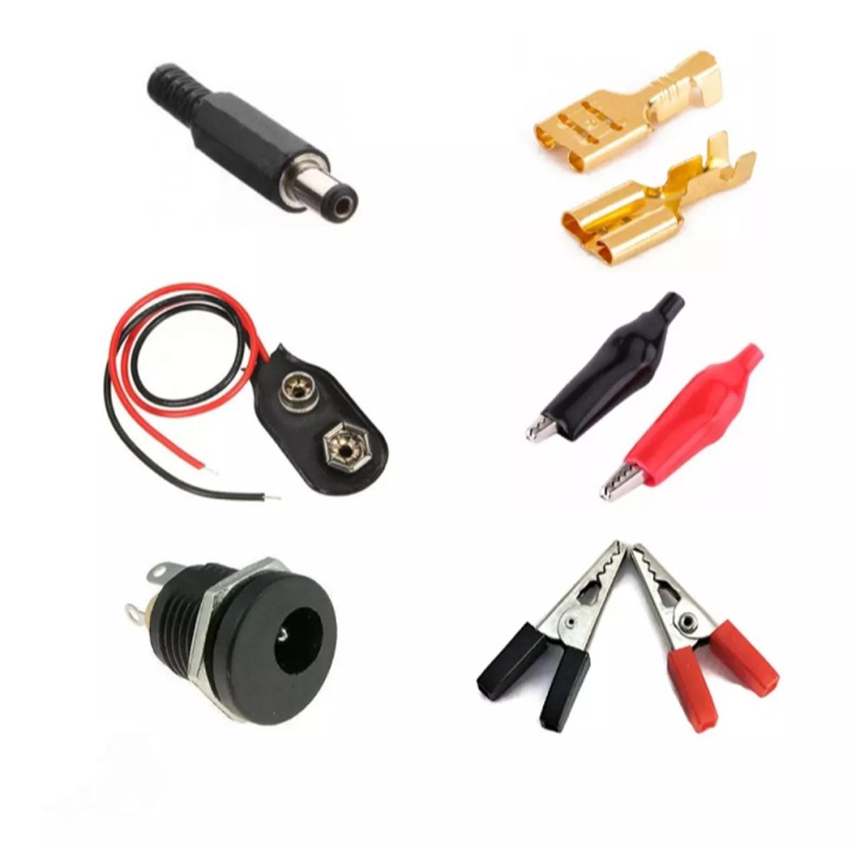 Picture of Combo Connector's DC Jack, Alligator clip, 9 Volt Battery Connector and DC Panel Mount Socket, Female Wire Spade Connector