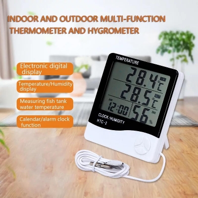 Picture of HTC-2 Digital Thermometer Hygrometer Weather Station Temperature Humidity Meter Clock Wall Indoor Outdoor Sensor Probe LCD