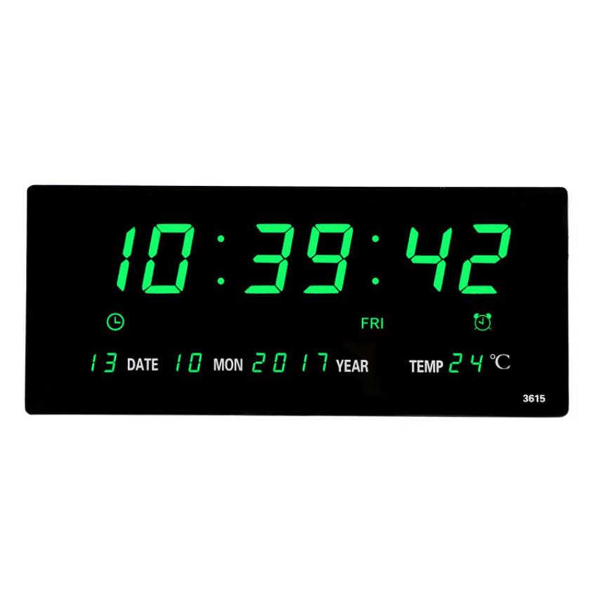 Picture of 6 digits led calendar wall clock with thermometer Power off time memory clock big numbers plugin alarm clock- Green