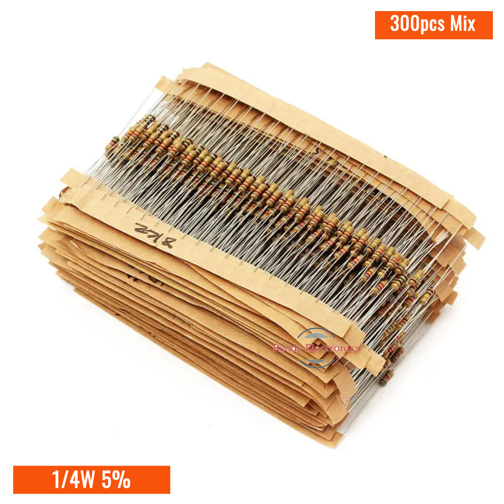 Picture of Resistor- 300pcs Mix, (10, 220, 270, 330, 470, 560, 1k, 1.2k, 2.2k, 3.3k, 4.7k, 10k, 47k, 100k, 220k, 470k) ohm 1/4W 5% Carbon Film Resistor (300pcs mix)- 30pcs each value