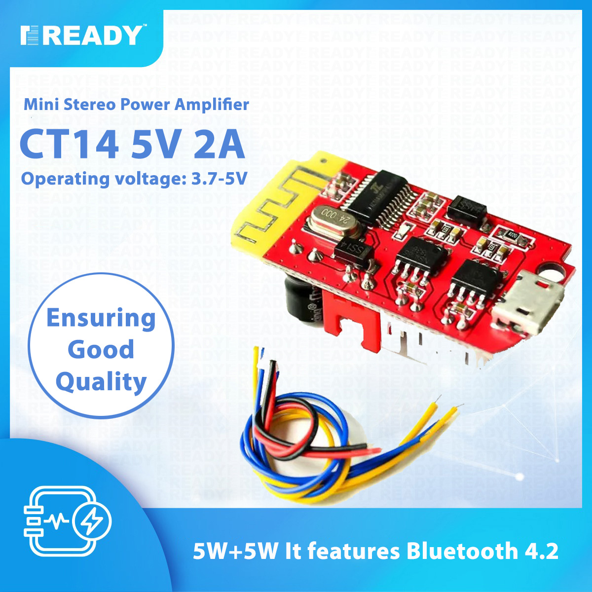 Picture of CT14 Bluetooth 4.2 5V 2A Mini Stereo Power Amplifier Board 5W+5W It features Bluetooth 4.2 connectivity for wireless streaming Picture of CT14 Bluetooth 4.2 5V 2A Mini Stereo Power Amplifier Board 5W+5W It features Bluetooth 4.2 connectivity for wireless streaming