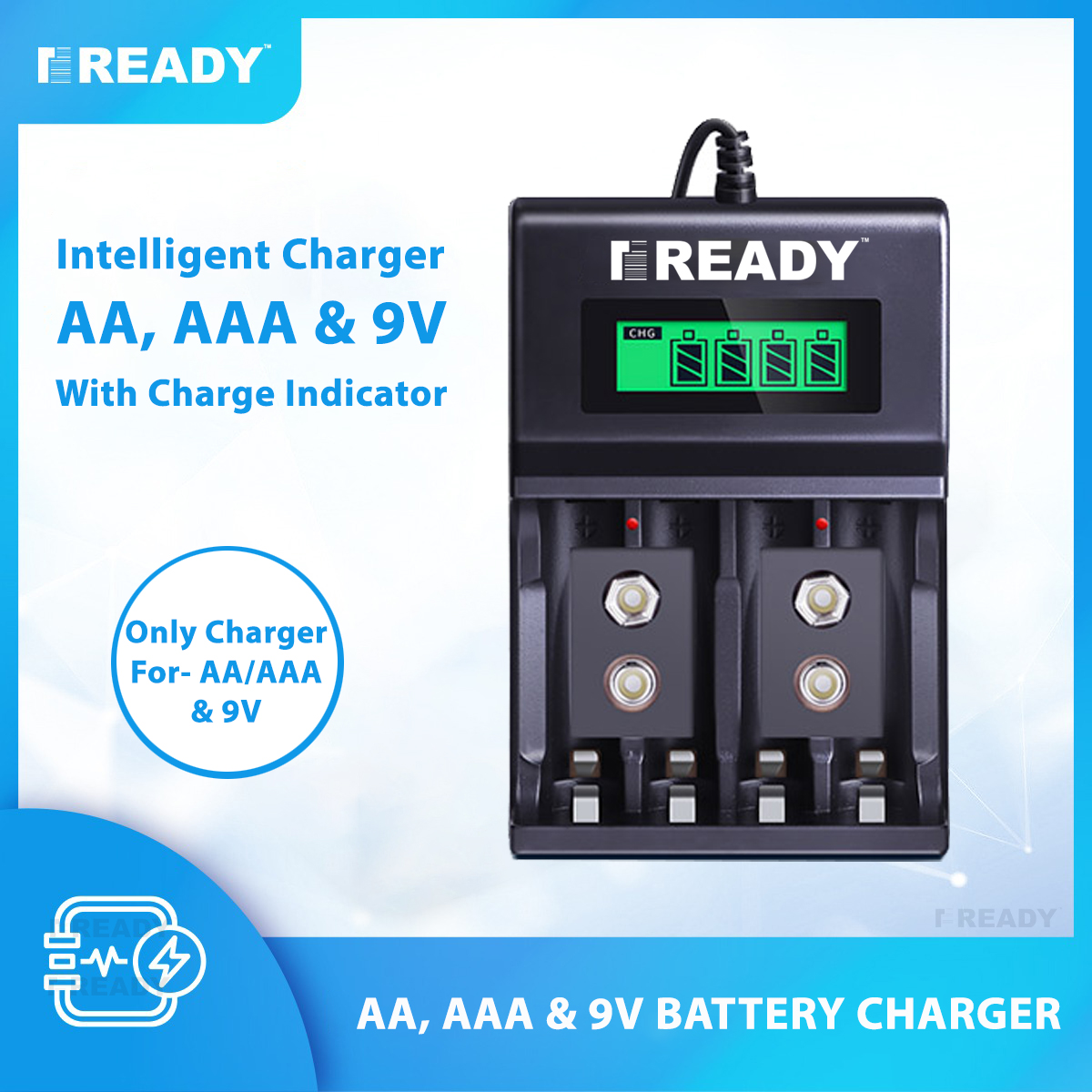 Picture of READY RE95 1.2v AA AAA Nimh Nicd Cell 9v Li Ion - 12 Volt Battery Charger - Rechargeable Battery Charger Picture of READY RE95 1.2v AA AAA Nimh Nicd Cell 9v Li Ion - 12 Volt Battery Charger - Rechargeable Battery Charger