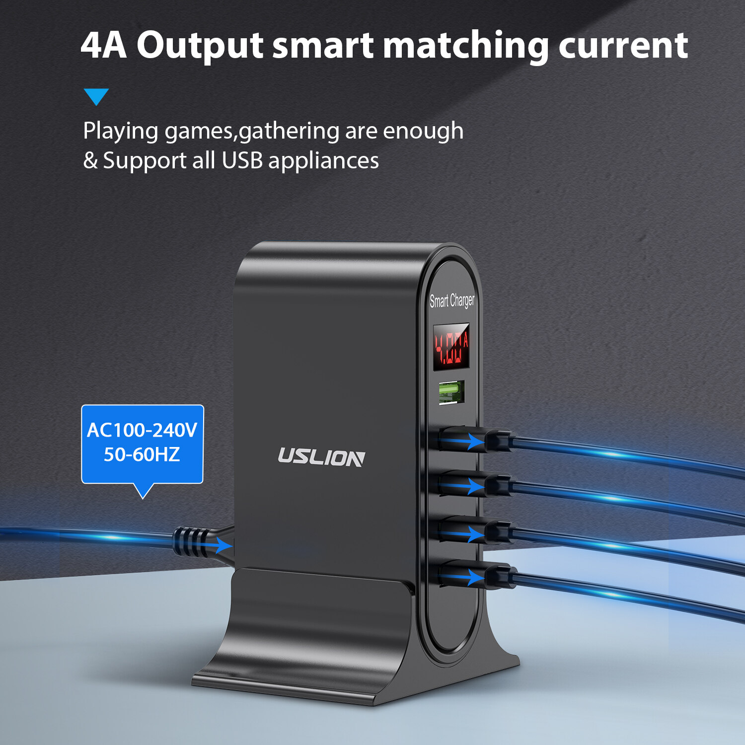 Picture of USLION USB Charger 5 Port LED Display Multi USB Phone Desktop EU US UK Plug With Digital Display Travel Wall Charger Adapter 5V 4A Black