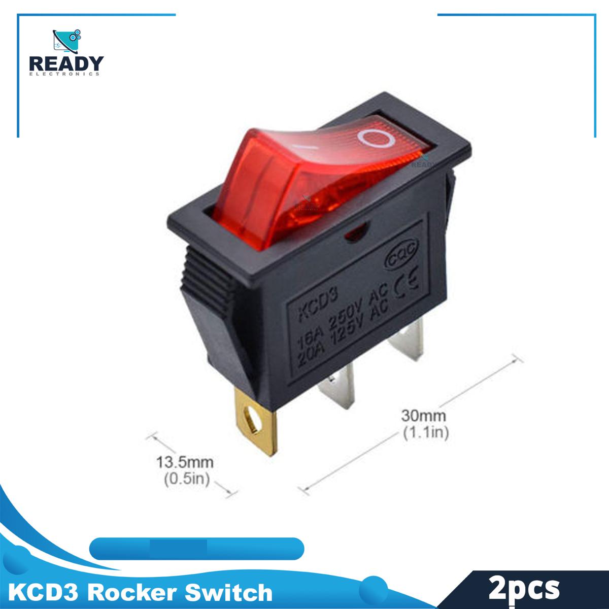 Picture of 2pcs RED Indicators KCD3 Rocker Switch 16A 250V 3 Pin BLACK Color Switches 3Pin On Off 2 Positions Full Illuminated Neon RED Indicators DPST Power Switch