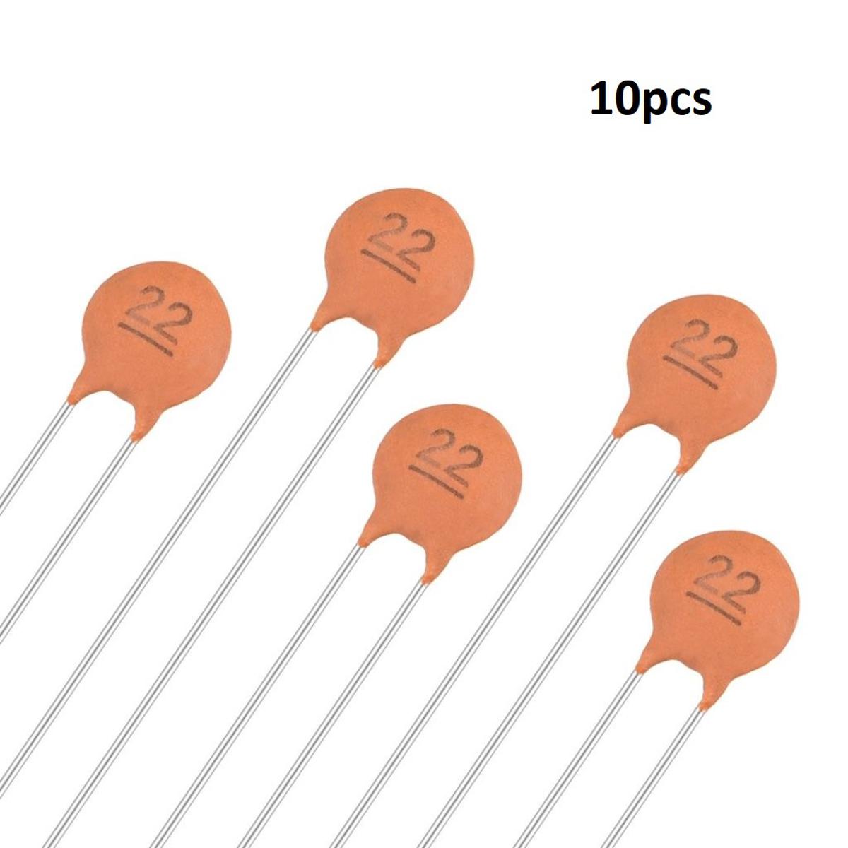 Picture of 10pcs 22pF 50V CERAMIC Capacitor Mini Ceramic Capacitor 22pF 50V Ceramic Disc Capacitor Non-Polarized Through Hole 2 Pin Leads Connections Leg