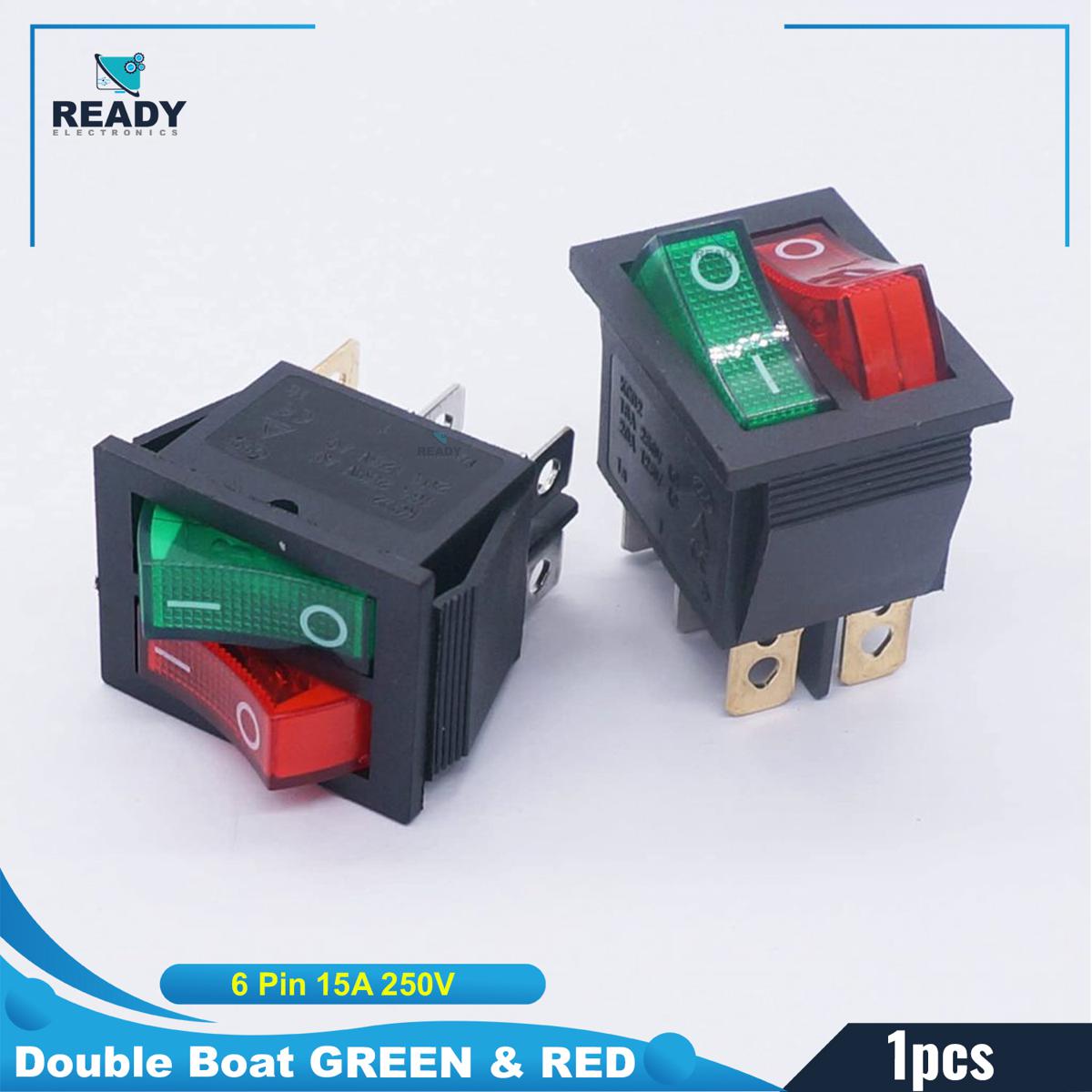 Picture of KCD1 Double Boat GREEN & RED Light Rocker Switches 6 Pin 15A 250V DPDT Red & Green Button With Light LED Light Illuminated Boat Rocker Switch