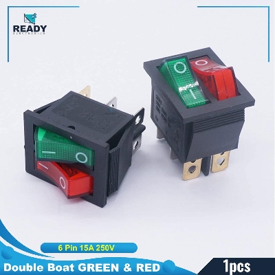 Picture of KCD1 Double Boat GREEN & RED Light Rocker Switches 6 Pin 15A 250V DPDT Red & Green Button With Light LED Light Illuminated Boat Rocker Switch