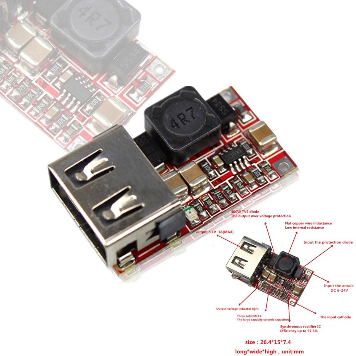 Picture of DC 6-24V 12V/24v to 5V 3A MAX USB Output Charger Step Down Power Module Mini DC-DC Buck Converter